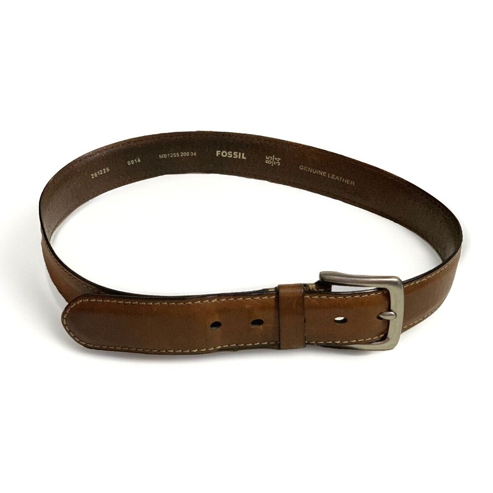 Fossil Brown Genuine Leather Belt Mens Size 34 Nickel Buckle 1.5" Wide Vintage